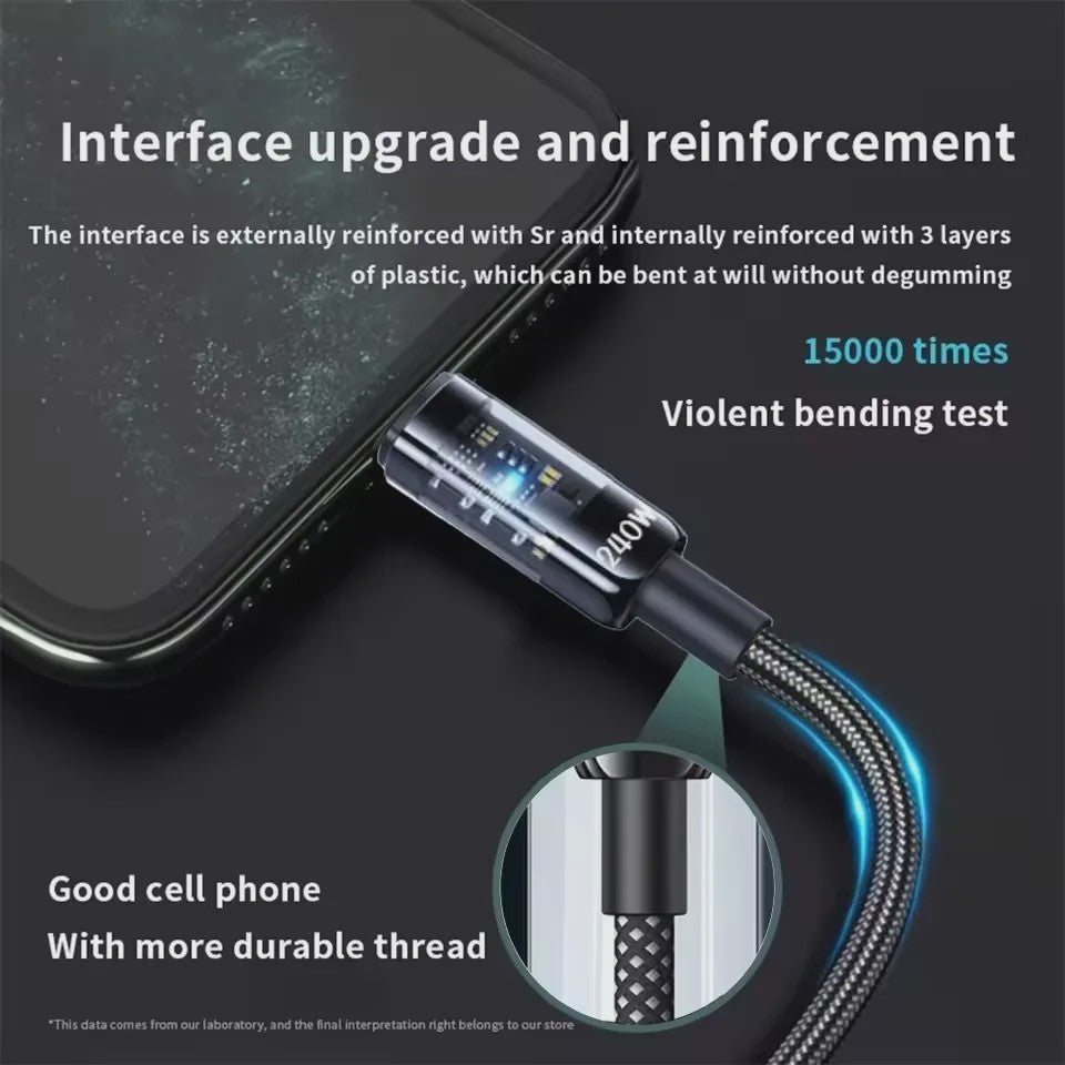 240W Nylon USB-C Snellader Kabel met LED Display - Snel Data en Opladen