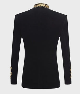 Luxe Zwarte Velvet Blazer met Gouden Borduursels - Heren Feest & Podium Kleding