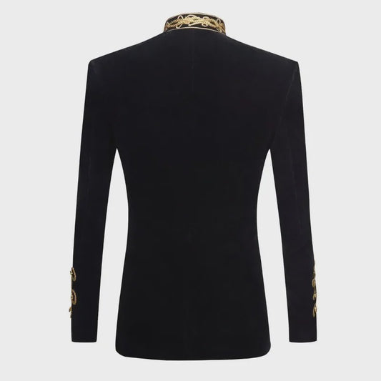 Luxe Zwarte Velvet Blazer met Gouden Borduursels - Heren Feest & Podium Kleding