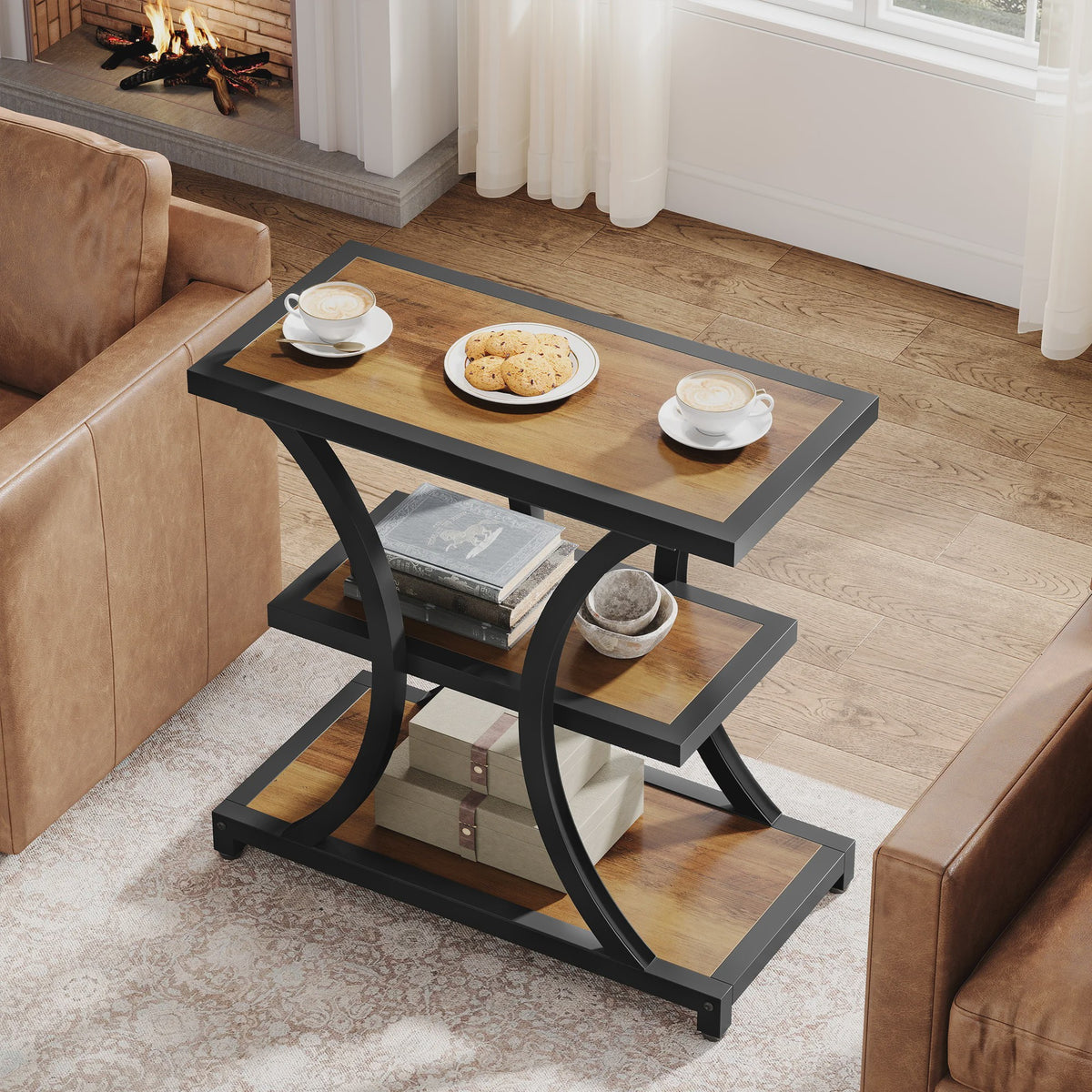 Industriële Salontafel met Opbergruimte - 3 Laags Bijzettafel - Metaal & Rustiek Bruin