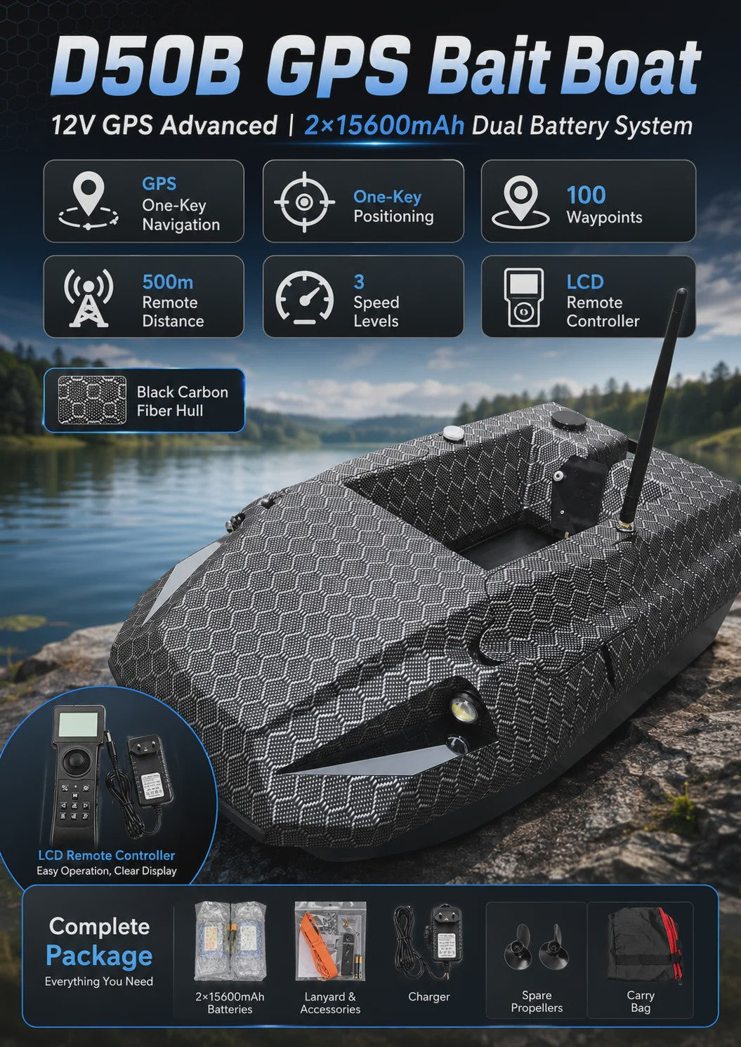 D50B Carbon Fiber GPS Voerboot met Dubbele 15600mAh Batterij - Krachtige RC Visboot