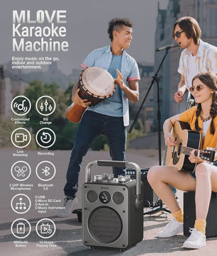 MLOVE D5 Professionele Karaoke Machine met 2 Draadloze Microfoons & Bluetooth
