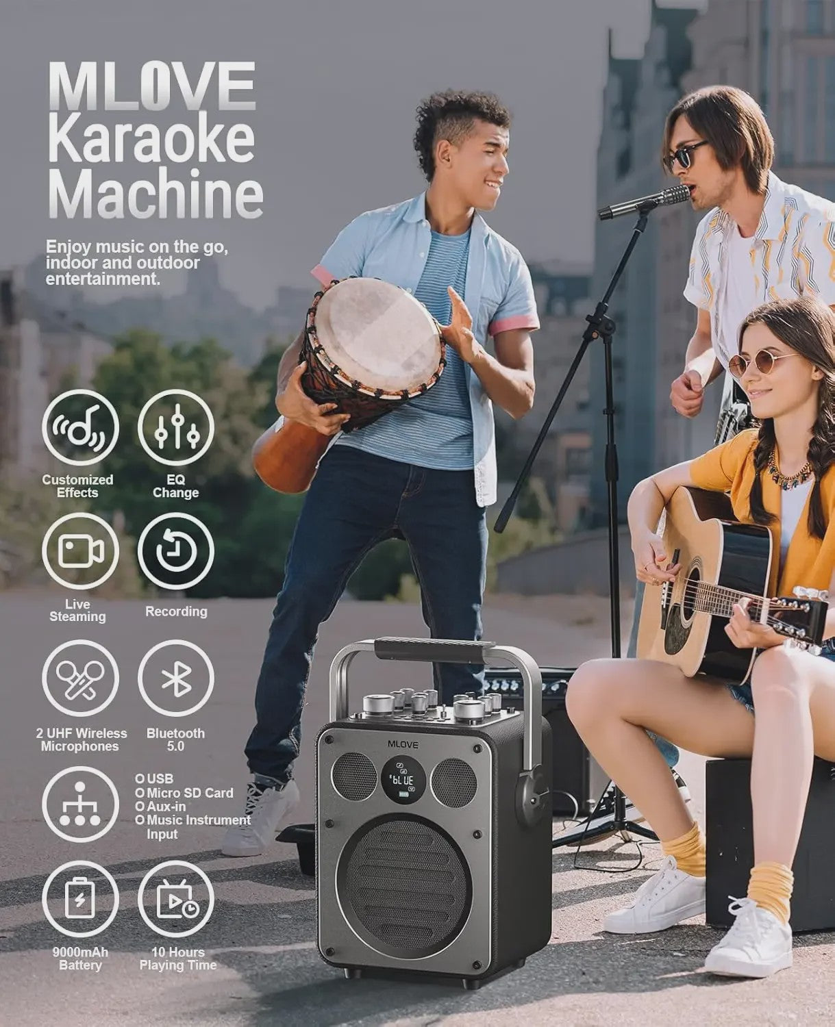 MLOVE D5 Professionele Karaoke Machine met 2 Draadloze Microfoons & Bluetooth