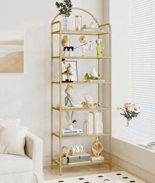 Gouden Boekenkast met 6 Planken van Gehard Glas en Stalen Frame