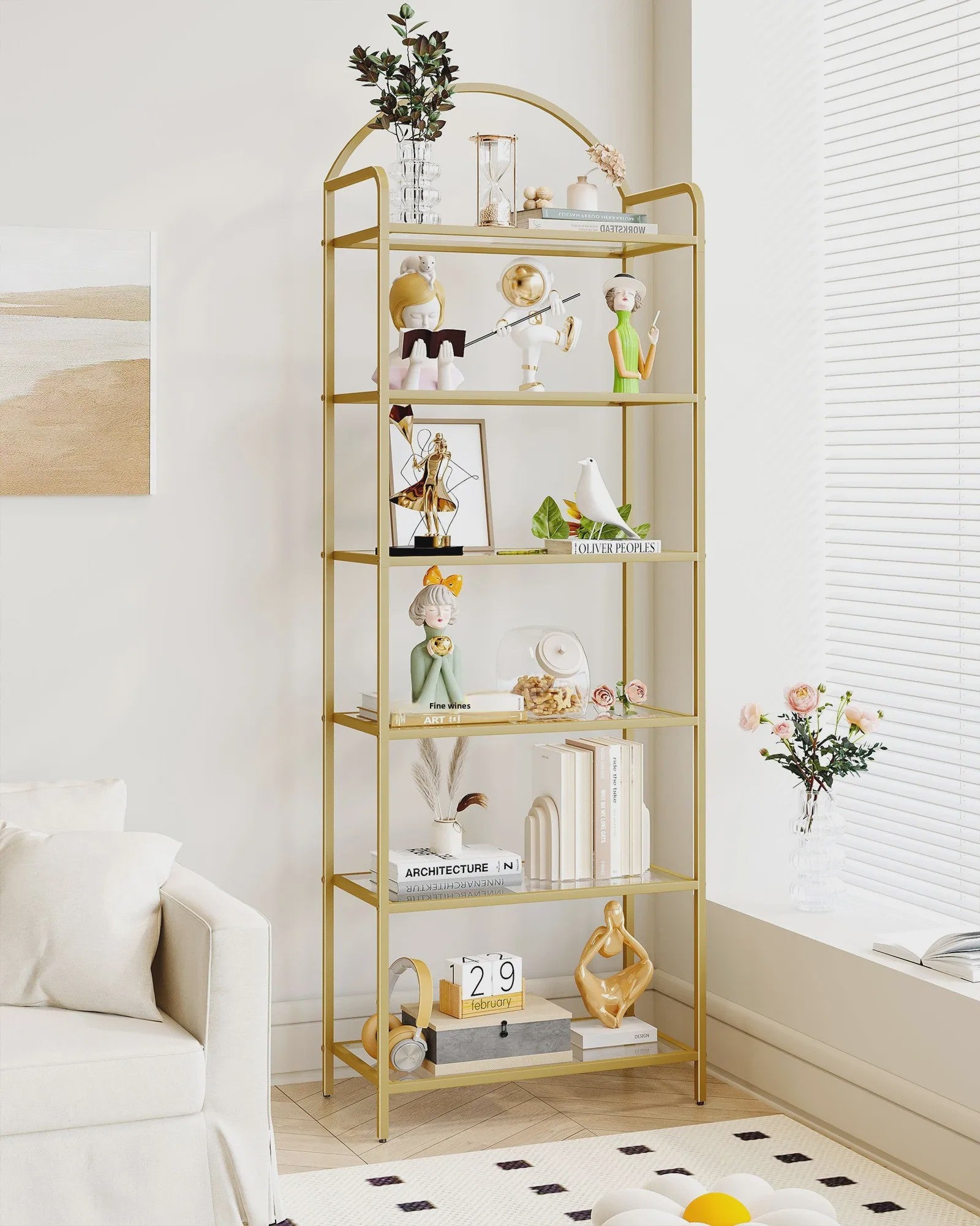 Gouden Boekenkast met 6 Planken van Gehard Glas en Stalen Frame