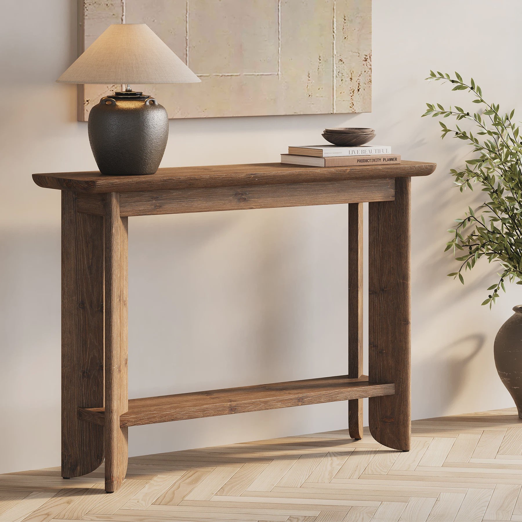 Massief Houten Console Tafel met 2 Lagen - Stijlvolle Sofa Tafel voor Hal of Woonkamer (Walnootkleur) - 105cm