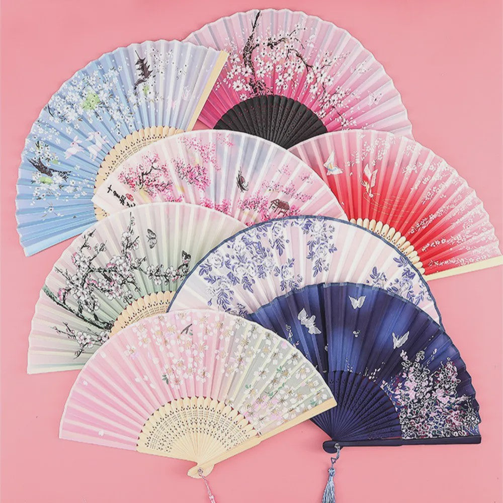 Vintage Zijden Vouwbare Handwaaier - Chinees/Japans Bamboe, Perfect voor Dans & Decoratie