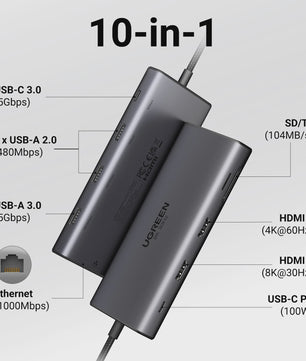 UGREEN 10-in-1 USB-C Hub: 8K/4K Dual HDMI, RJ45, USB 3.0, PD 100W - Docking Station voor MacBook & Laptop