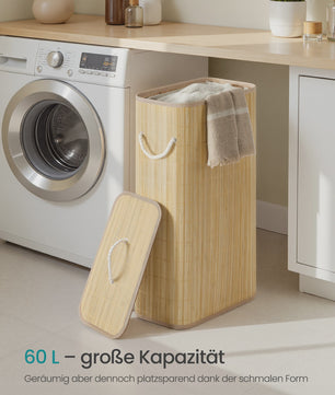 Songmics Bamboe Wasmand met Deksel - 60L, Opvouwbaar, Natuurlijk