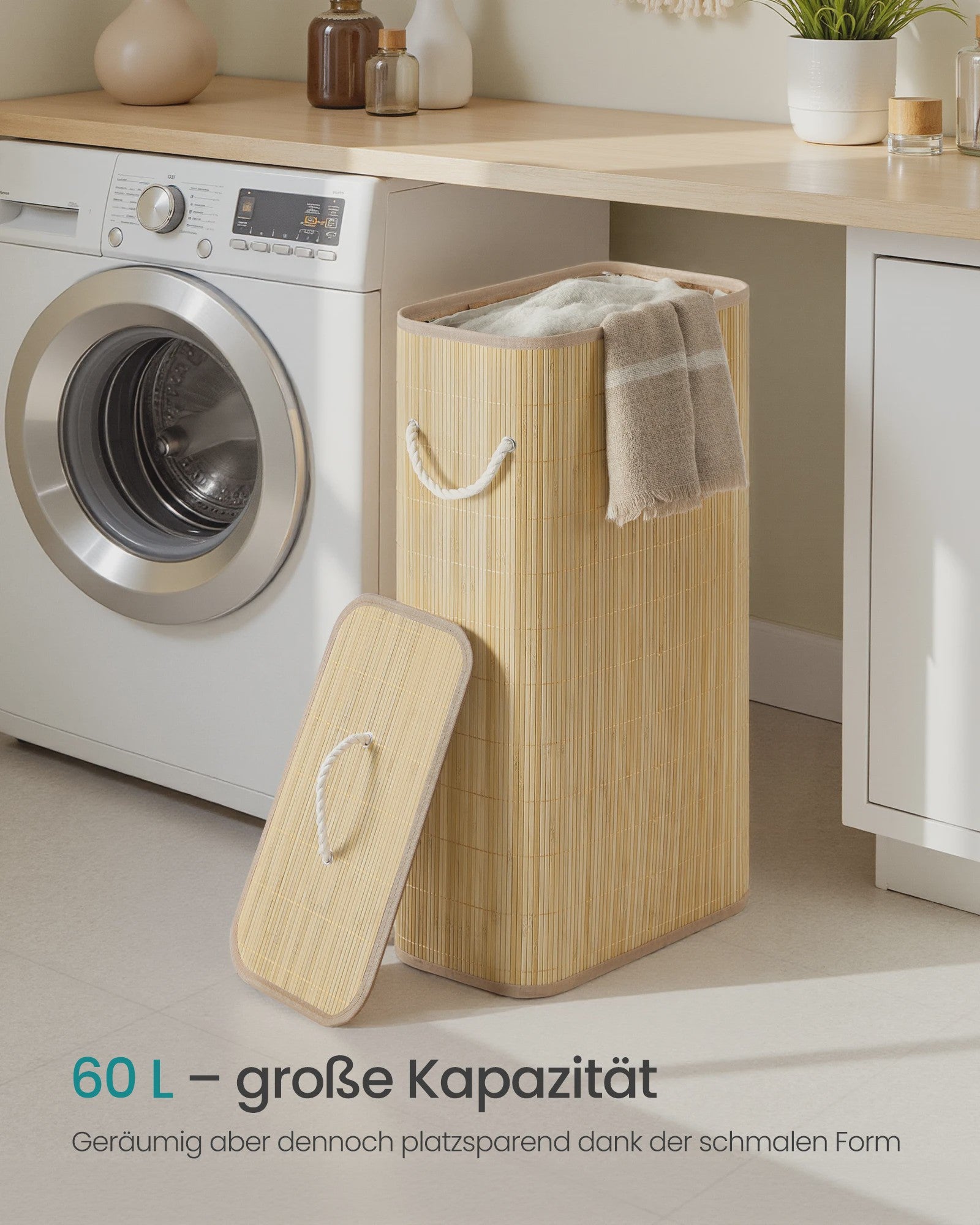 Songmics Bamboe Wasmand met Deksel - 60L, Opvouwbaar, Natuurlijk