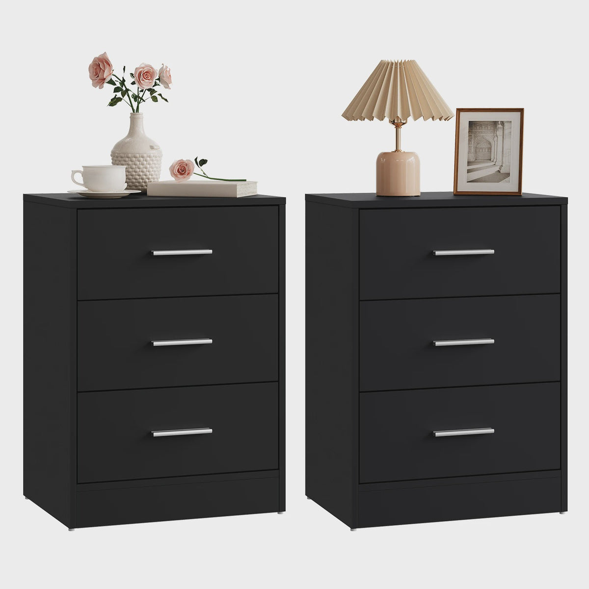 Set van 2 Moderne Nachtkastjes met 3 Lades - Stijlvolle Bijzettafels voor Slaapkamer en Woonkamer