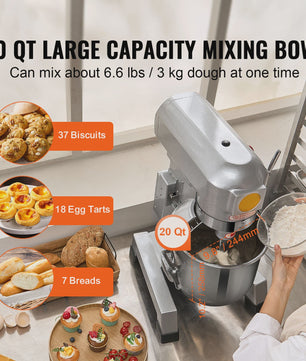 Professionele Standmixer 20L - 3 Snelheden, Deegmixer met RVS Kom & 3 Opzetstukken