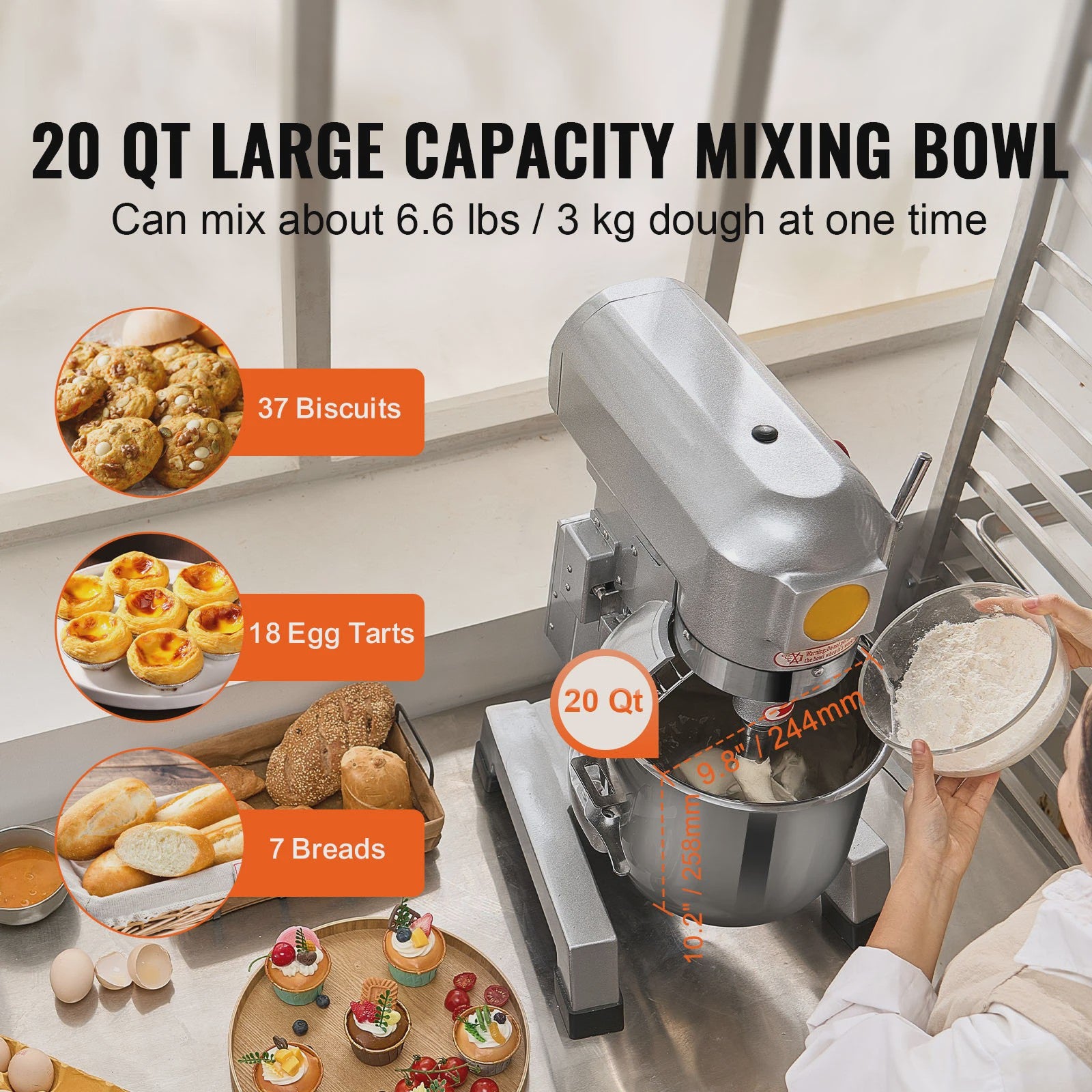 Professionele Standmixer 20L - 3 Snelheden, Deegmixer met RVS Kom & 3 Opzetstukken