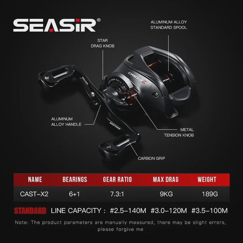 SEASIR Cast X2 Baitcasting Reel - 7.3:1 Versnelling, Keramische Lagers & Carbon Washer