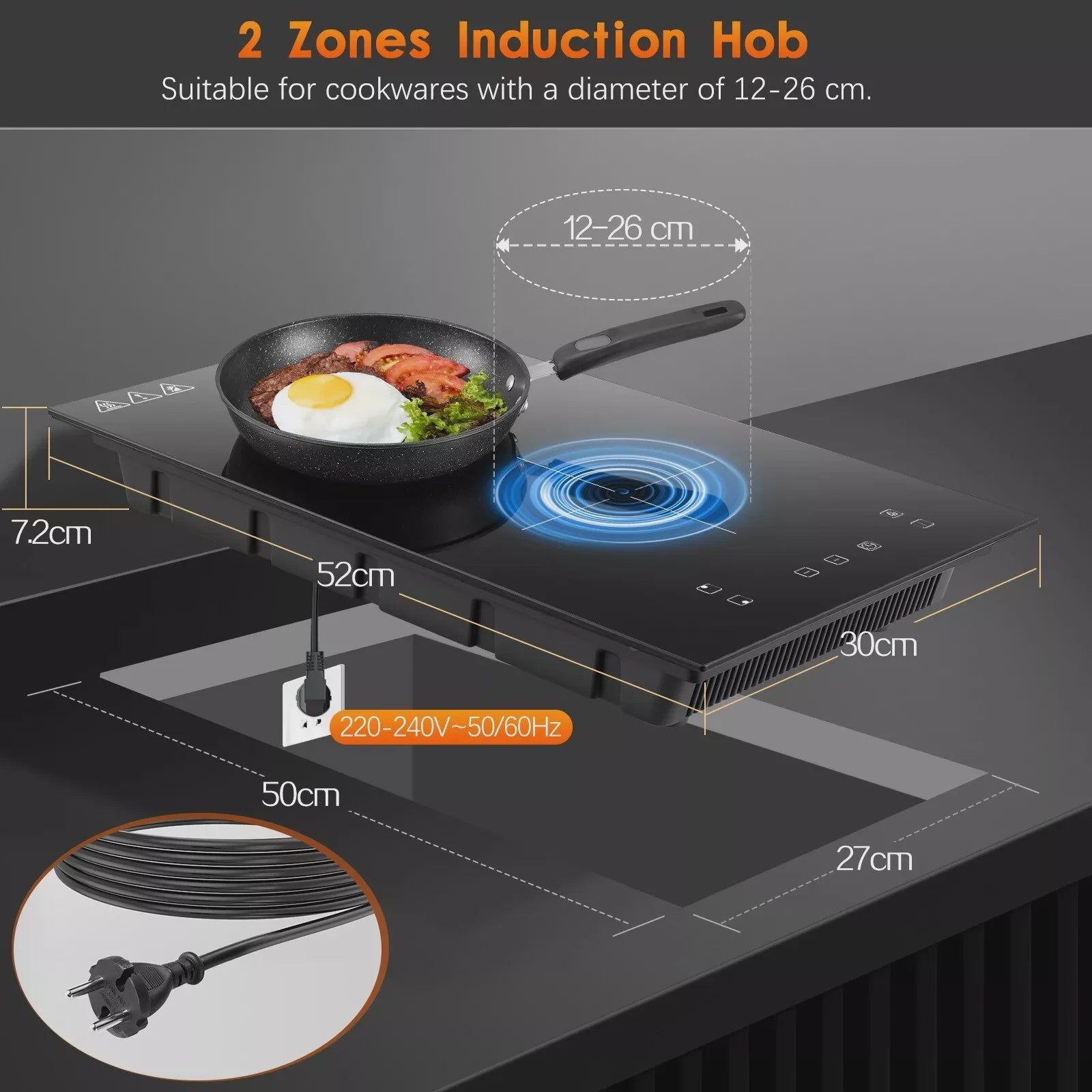 KICHPOWER 30cm Inductie Kookplaat met 2 Zones, Timer & Touch Control (3300W)