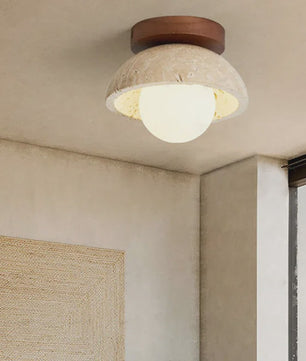 Wabi Sabi Stijl Plafondlamp - Natuursteen Look met Houten Accent