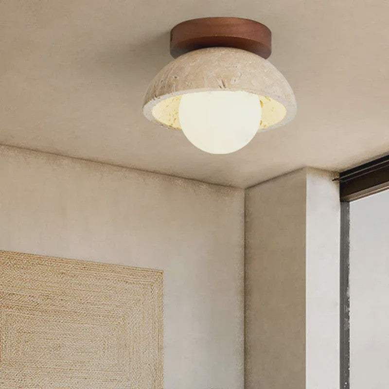 Wabi Sabi Stijl Plafondlamp - Natuursteen Look met Houten Accent