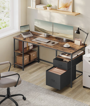 VASAGLE Bureau met 3 Planken en 2 Lades - 160x60x76 cm - Industrieel Design