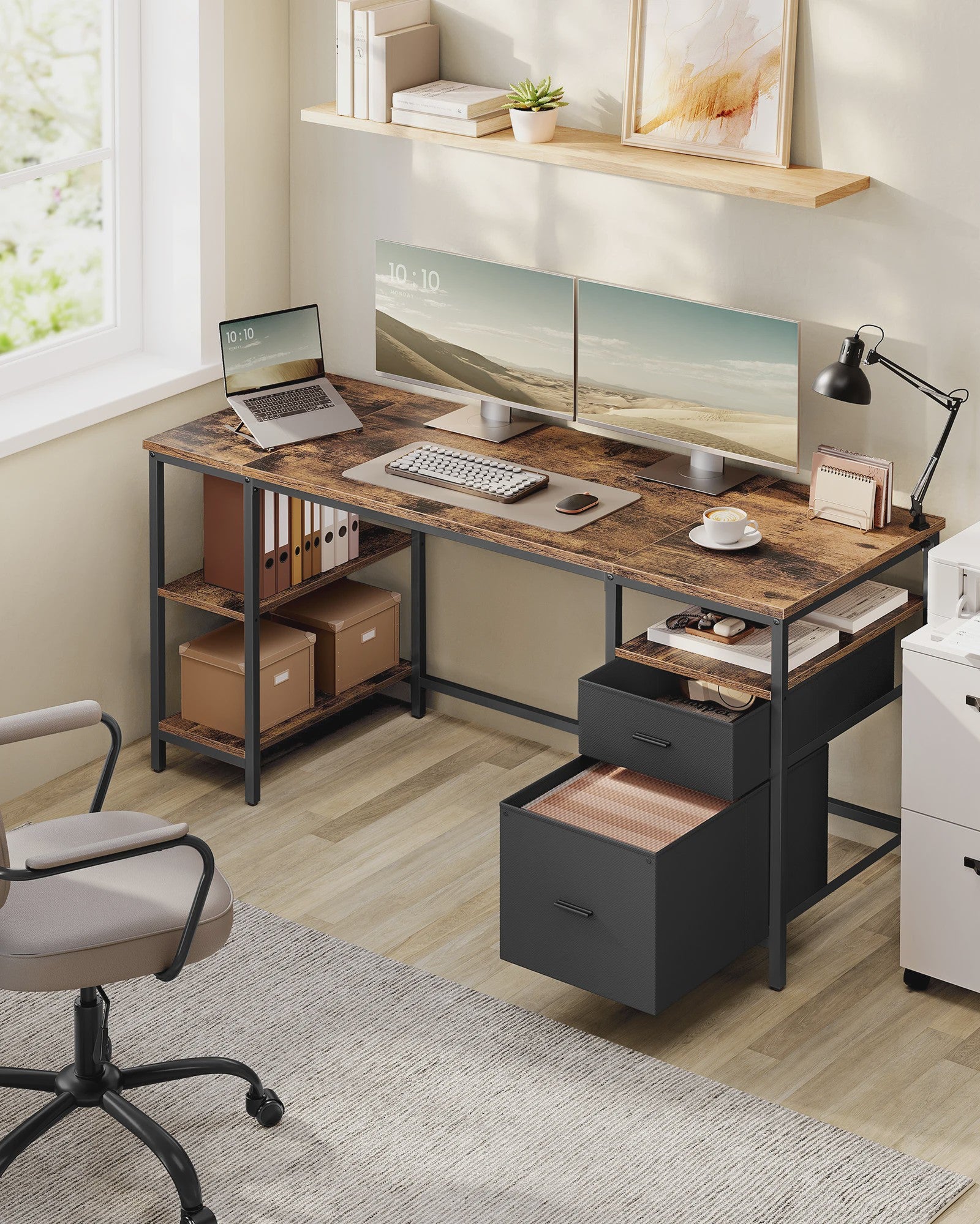 VASAGLE Bureau met 3 Planken en 2 Lades - 160x60x76 cm - Industrieel Design