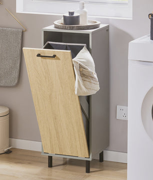 SoBuy Wasgoedkast met Uitklapbare Waszak - Badkamer Opbergkast - Natuurgrijs - 31.5x86x30cm