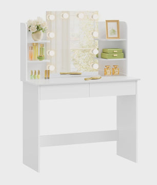 Kaptafel met LED Spiegel, 2 Lades & 4 Opbergvakken - 90x40x125cm