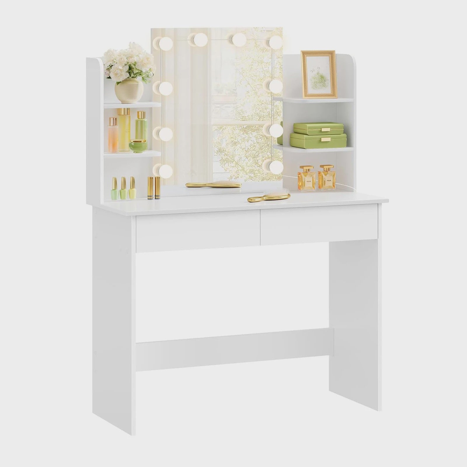 Kaptafel met LED Spiegel, 2 Lades & 4 Opbergvakken - 90x40x125cm