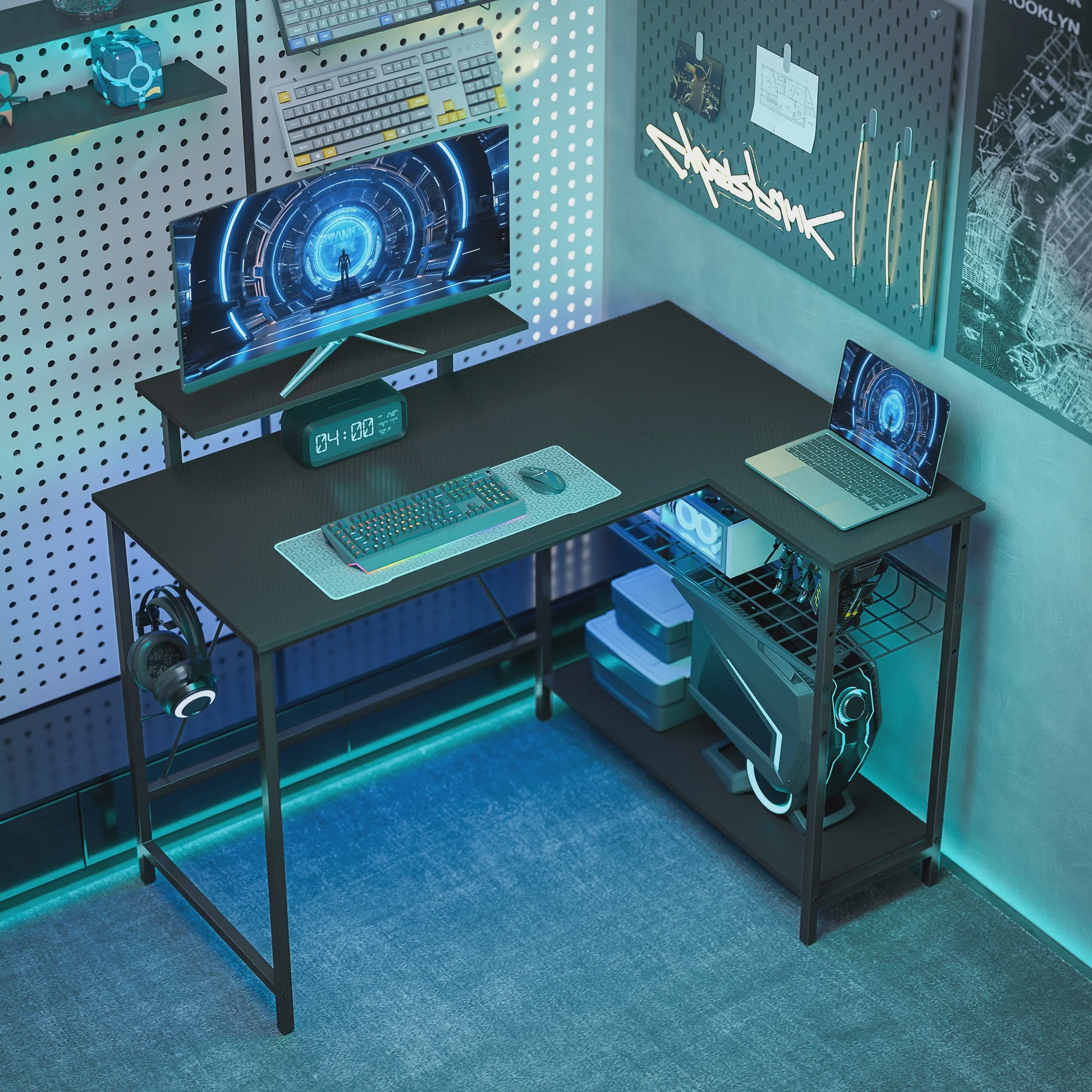 HOMCOM Gaming Hoekbureau met Monitorstandaard en Verstelbare Nettenplank - 114,5x82 cm, Omkeerbaar