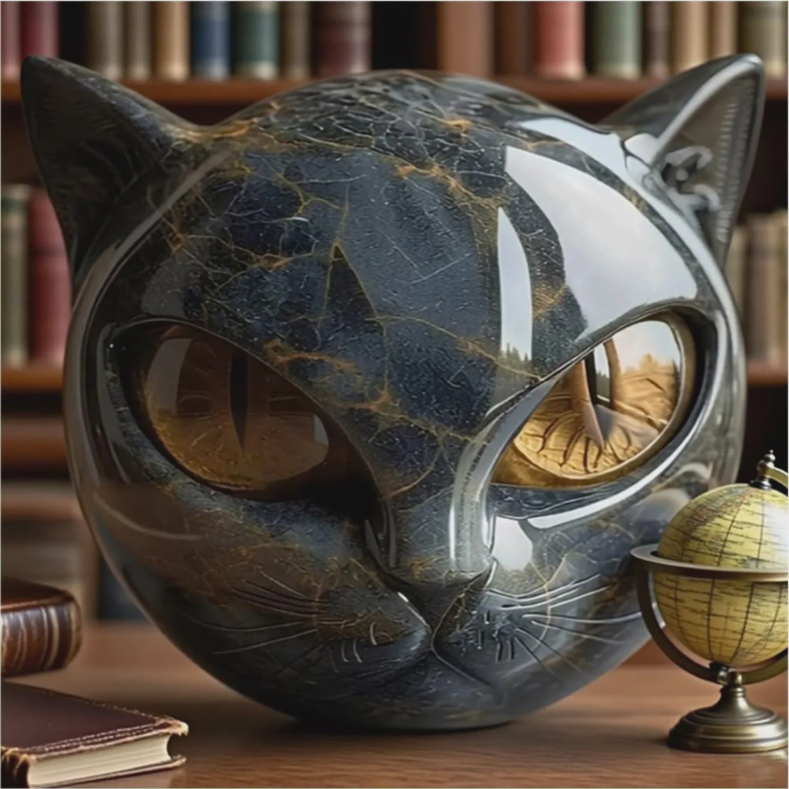 Decoratieve Zwarte Kat Steen Beeldje - Marmerlook Kattenkop voor Kantoor of Cadeau