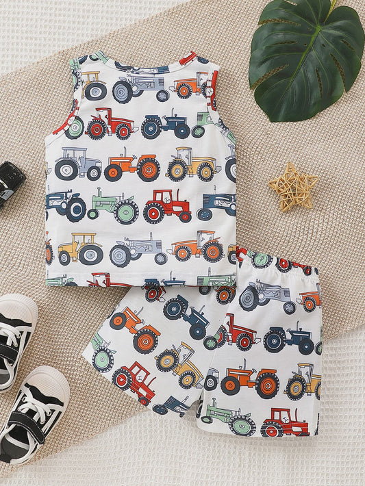 Zomer Set Baby Jongens: Tractor Print Tanktop & Shorts