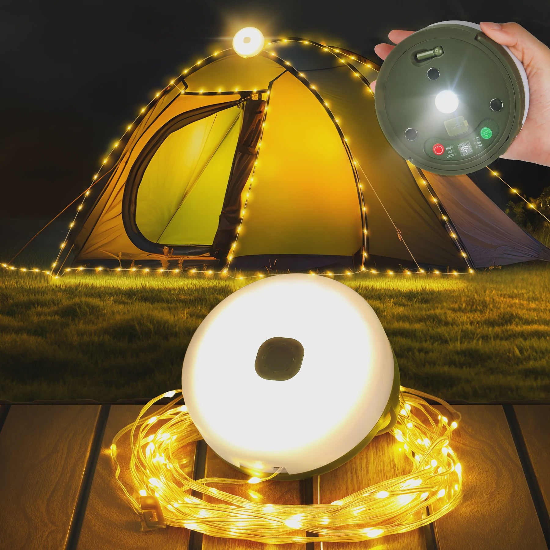 Lureshine 2-in-1 Camping Lamp & Slingerlicht - Oplaadbaar, Waterdicht & Veelzijdig