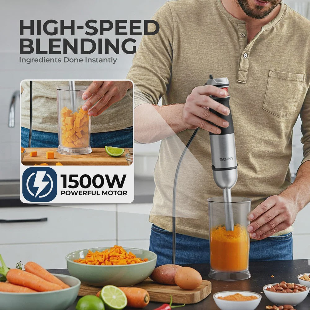 ROUNY 1500W Staafmixer Set 6-in-1 met RVS Staaf, Hakker, Garde & Maatbeker