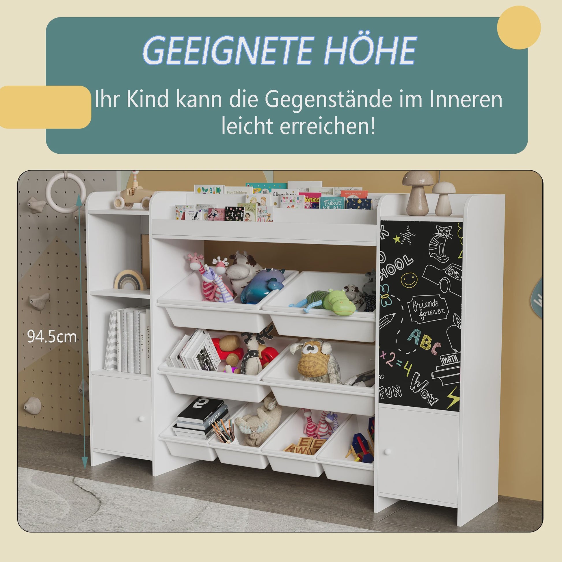 Boekenkast met 8 Opbergboxen en Krijtbord voor Kinderkamer