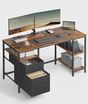 VASAGLE Bureau met 3 Planken en 2 Lades - 140x60x76 cm - Industrieel Design