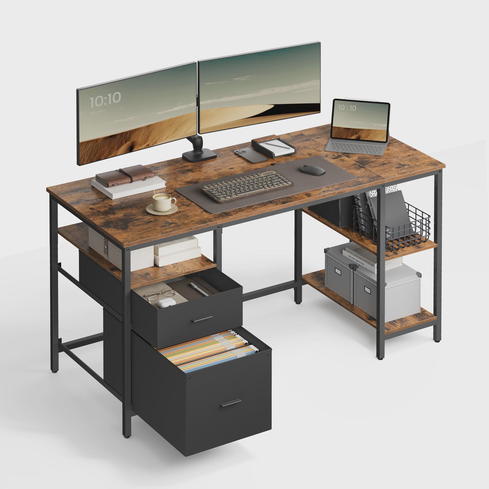 VASAGLE Bureau met 3 Planken en 2 Lades - 140x60x76 cm - Industrieel Design