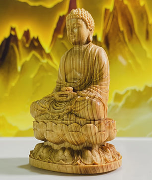 Handgesneden Houten Amitabha Boeddha Standbeeld - Decoratieve Houten Beeldje voor Huisdecoratie
