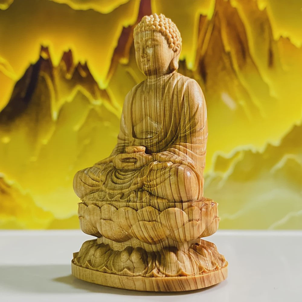 Handgesneden Houten Amitabha Boeddha Standbeeld - Decoratieve Houten Beeldje voor Huisdecoratie