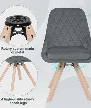 Set van 2 fluwelen eetkamerstoelen, draaibaar en ergonomisch met houten poten