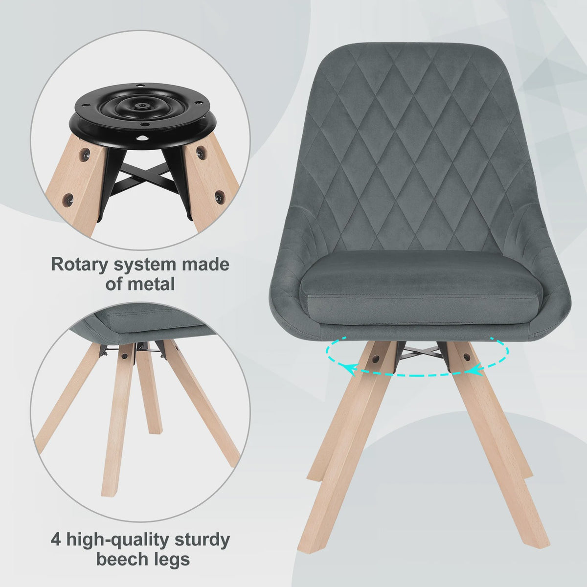 Set van 2 fluwelen eetkamerstoelen, draaibaar en ergonomisch met houten poten