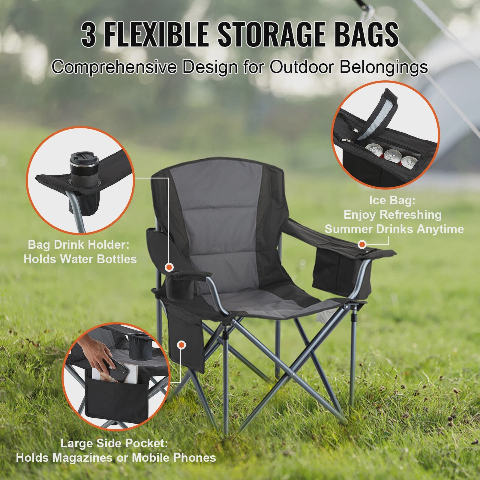 Comfortabele Camping Klapstoel met Armleuningen en Zijvakken - Ideaal voor Strand, Picknick & Tuin