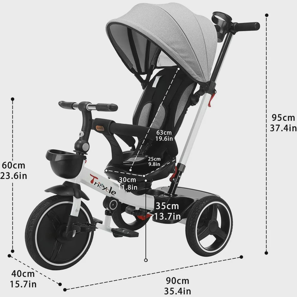 5-in-1 Kinderdriewieler met Duwstang, Verstelbare Kap en Afneembare Beugel