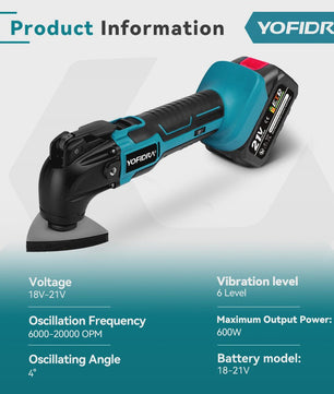 YOFIDRA Snoerloze Multitool met 6 Versnellingen - Zagen, Schuren & Polijsten (Makita 18-21V Batterij)