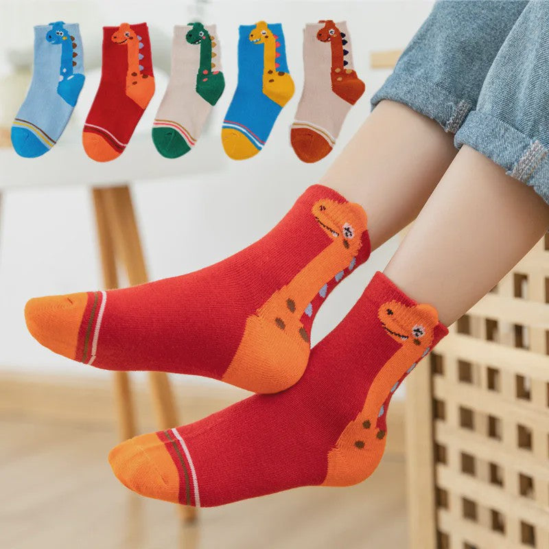 5 Paar Leuke Kindersokken met Dinosaurus Print - Comfortabel en Vrolijk