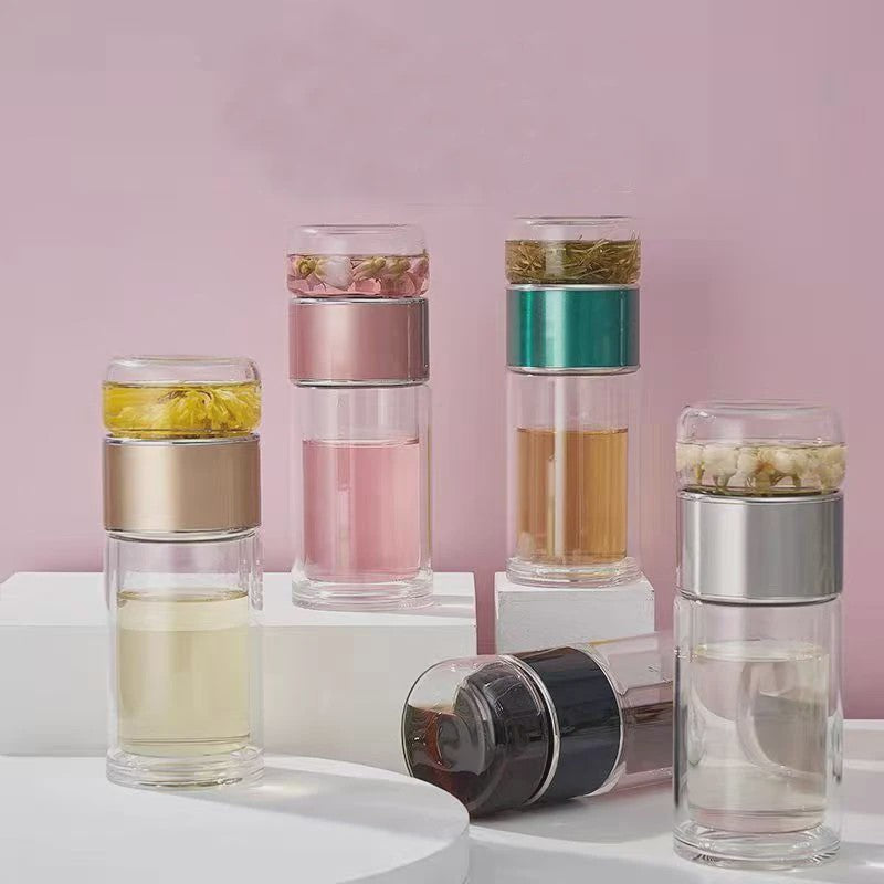 Dubbelwandige Glazen Theefles met Infuser - Hittebestendig & Lekvrij