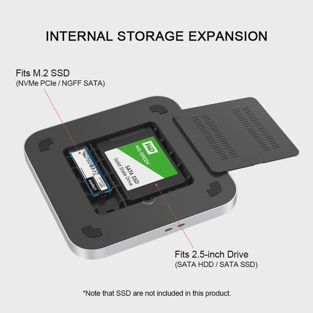 Qwiizlab USB-C Hub Docking Station voor Mac Mini M2/M1 met Dubbele Drive Enclosure & Card Reader