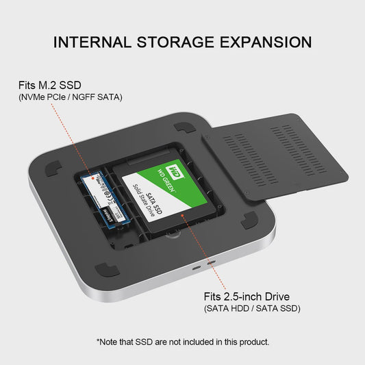 Qwiizlab USB-C Hub Docking Station voor Mac Mini M2/M1 met Dubbele Drive Enclosure & Card Reader
