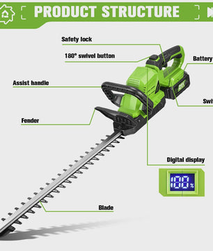 ONEGREEN 2000W Accu Heggenschaar - 510mm Snoeimes, 180° Verstelbaar, Makita 18V Compatibel