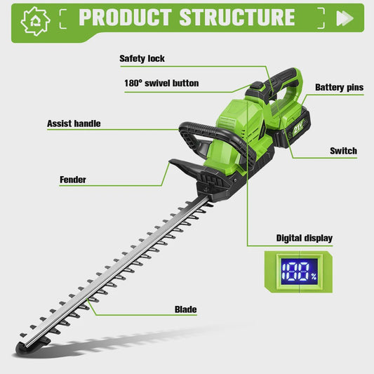 ONEGREEN 2000W Accu Heggenschaar - 510mm Snoeimes, 180° Verstelbaar, Makita 18V Compatibel