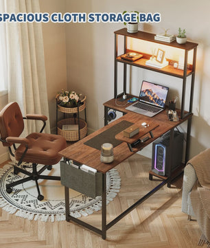 L-vormig Gaming Bureau met LED Verlichting, Stopcontacten en Monitorstandaard