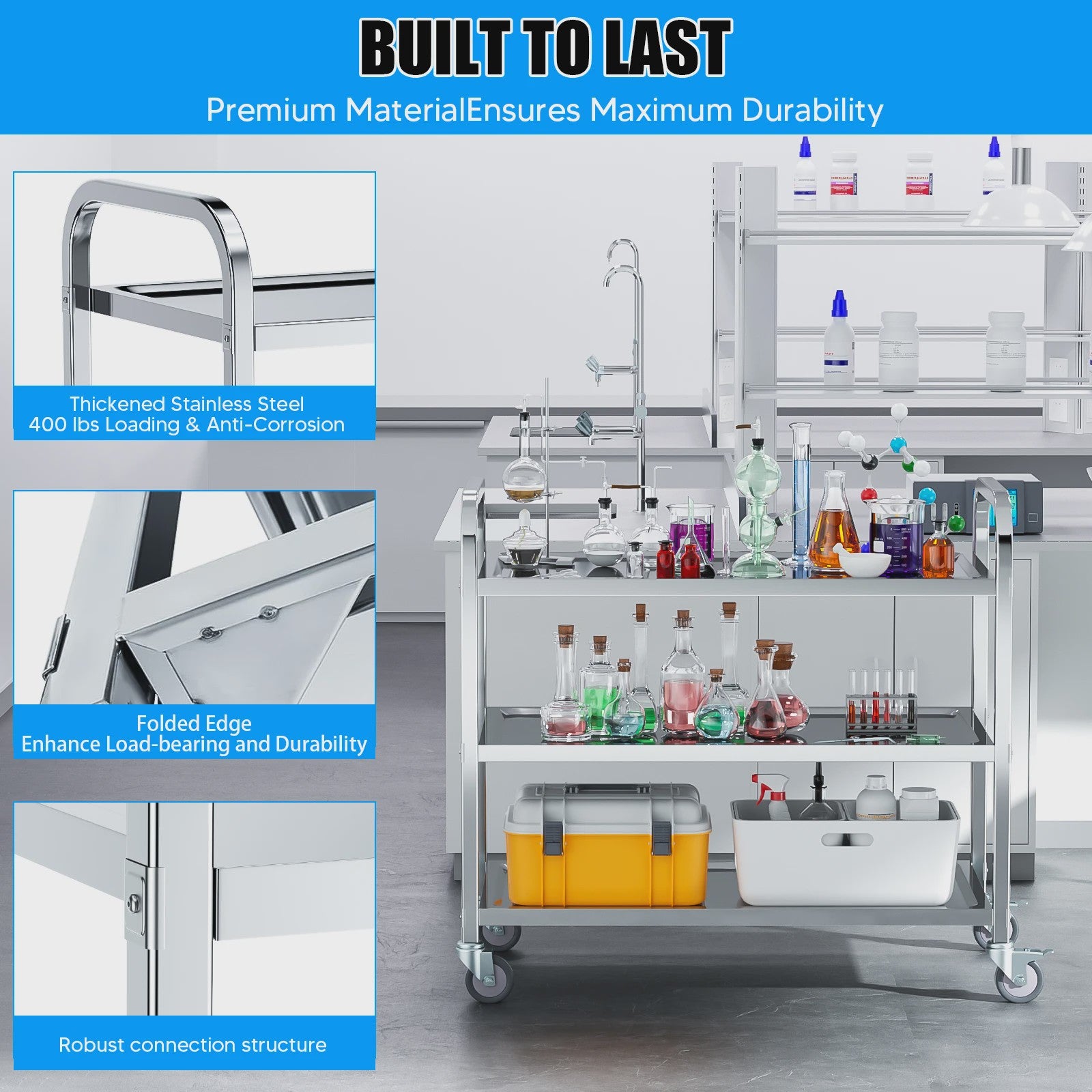 Professionele 3-Laags RVS Trolley met Wielen - Stil en Duurzaam voor Keuken, Kliniek en Salon