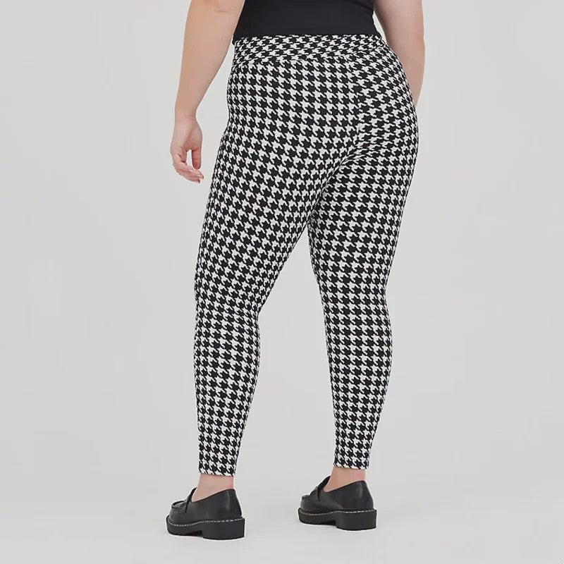 Plus Size Leggings Dames met Pied-de-Poule Print - Hoge Taille Capri Broek